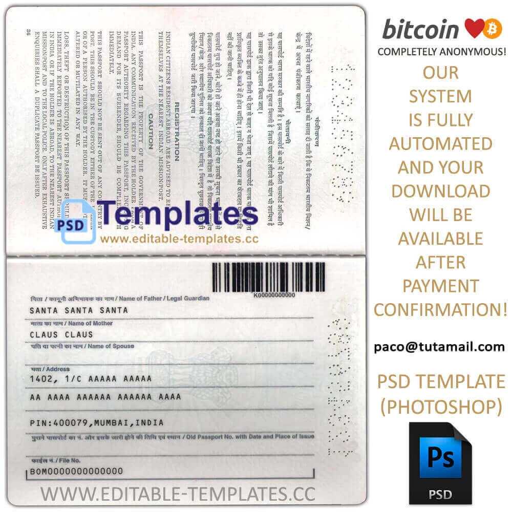 india passport template, editable in  photoshop. psd fake template, pay by bitcoin, paypal or card