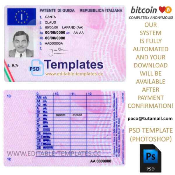 italy driver licence template, editable in  photoshop. psd fake template, pay by bitcoin, paypal or card