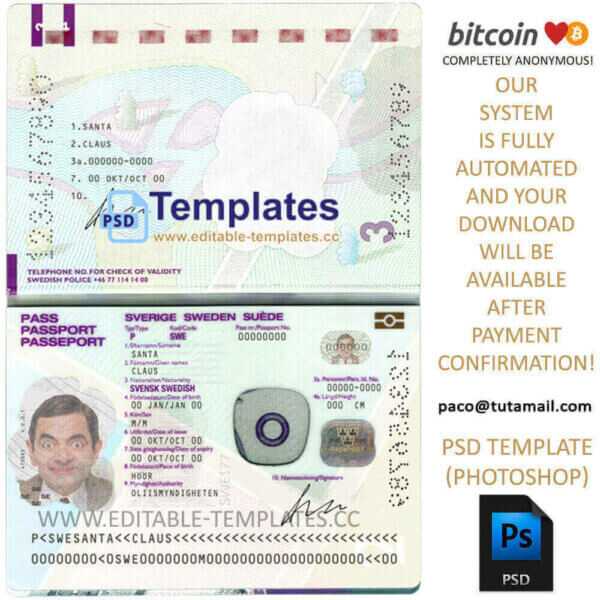 sweden passport template, editable in  photoshop. psd fake template, pay by bitcoin, paypal or card