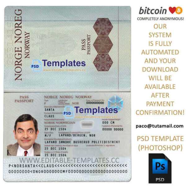 norway passport template, editable in  photoshop. psd fake template, pay by bitcoin, paypal or card