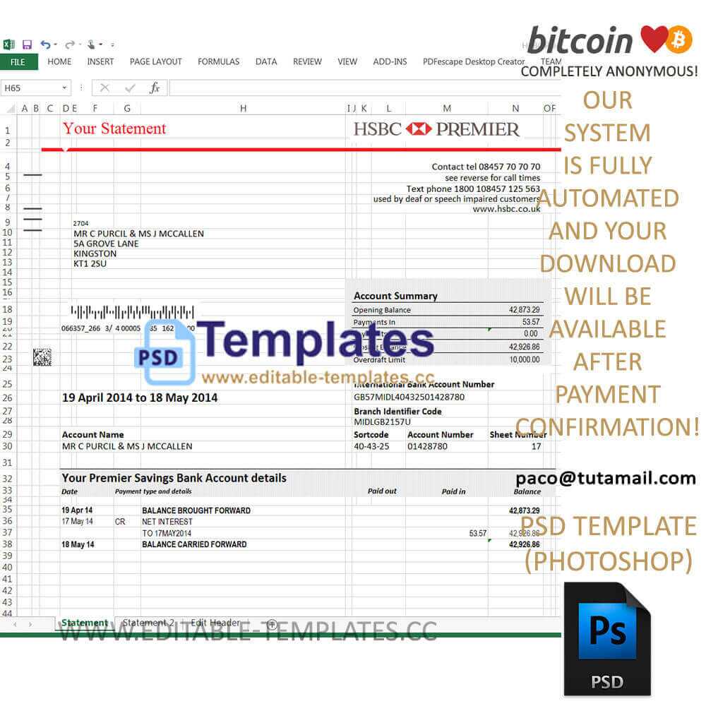 hsbc statement template, editable in  photoshop. psd fake template, pay by bitcoin, paypal or card