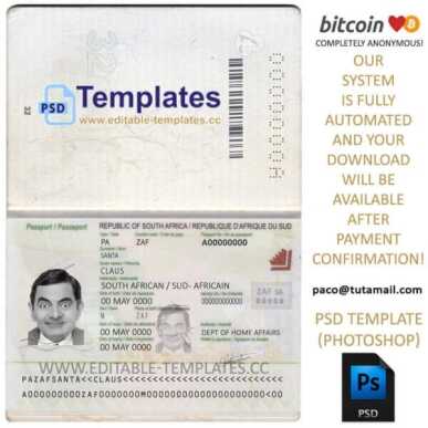 south africa passport template, editable in photoshop. psd fake template, pay by bitcoin, paypal or card