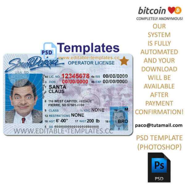south dakota driver license template, editable in  photoshop. psd fake template, pay by bitcoin, paypal or card