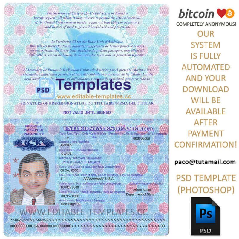us passport template, editable in  photoshop. psd fake template, pay by bitcoin, paypal or card