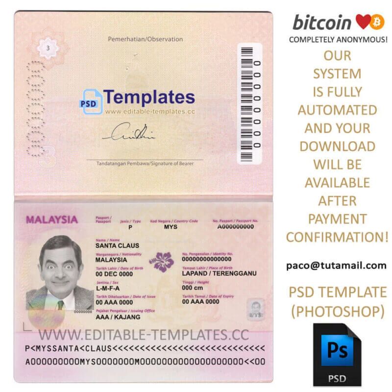 malaysia passport template, editable in  photoshop. psd fake template, pay by bitcoin, paypal or card