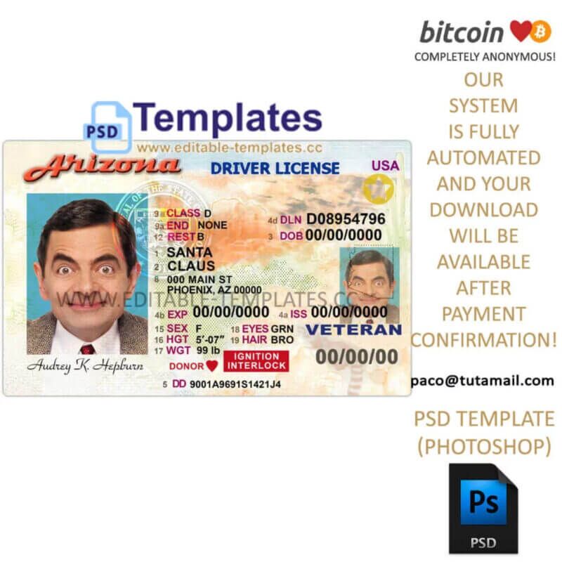 arizona driver license template,editable in photoshop.psd fake template,pay by bitcoin,paypal or card