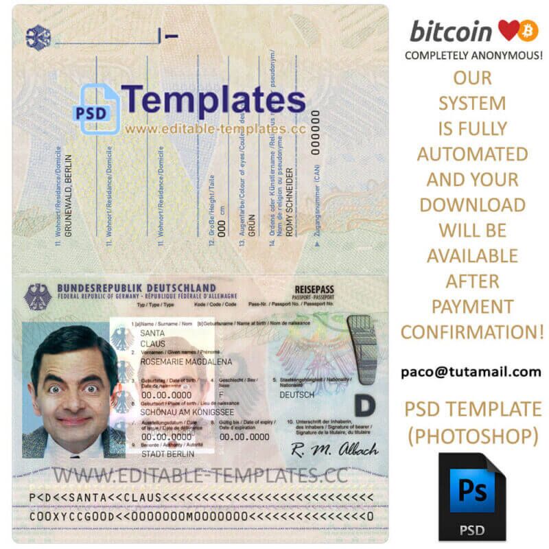 germany elctronic passport template, editable in  photoshop. psd fake template, pay by bitcoin, paypal or card