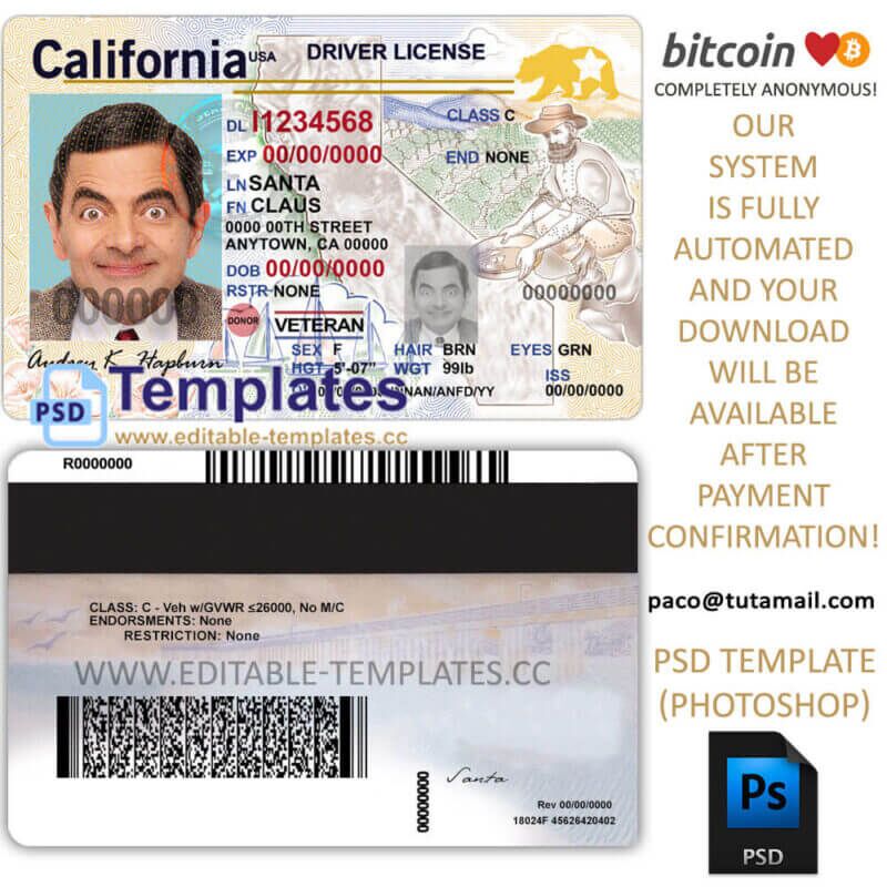 california driver license template,editable in photoshop.psd fake template,pay by bitcoin,paypal or card
