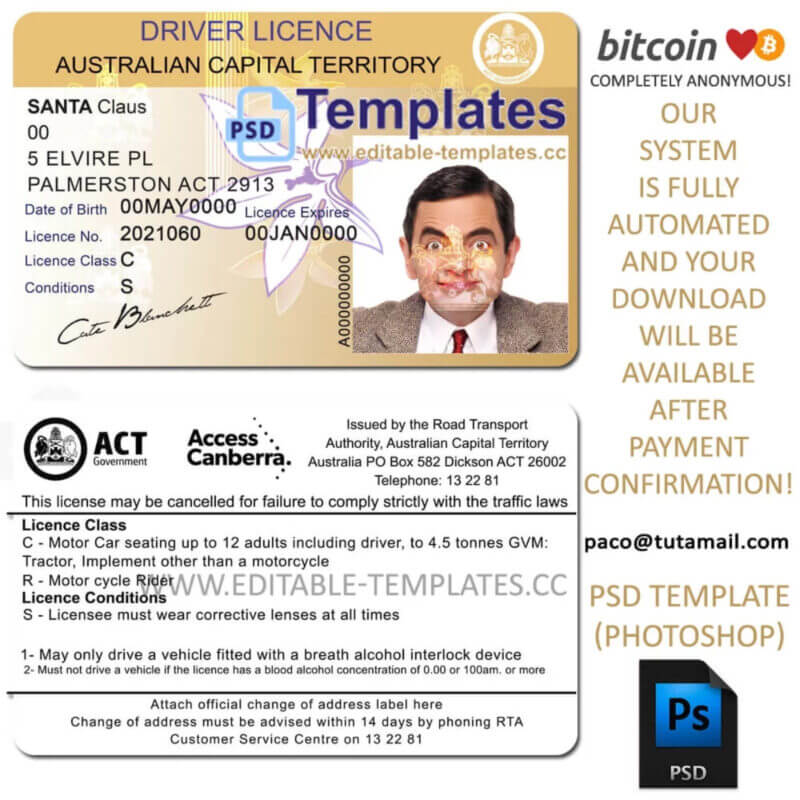 australia driver license template,editable in photoshop.psd fake template,pay by bitcoin,paypal or card