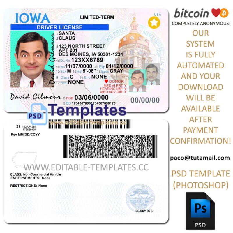 iowa driver license template, editable in  photoshop. psd fake template, pay by bitcoin, paypal or card