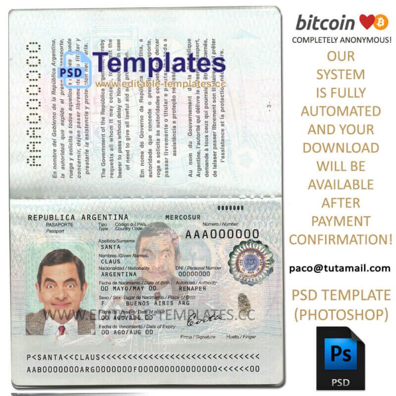 republica argentina passport template,editable in photoshop.psd fake template,pay by bitcoin,paypal or card