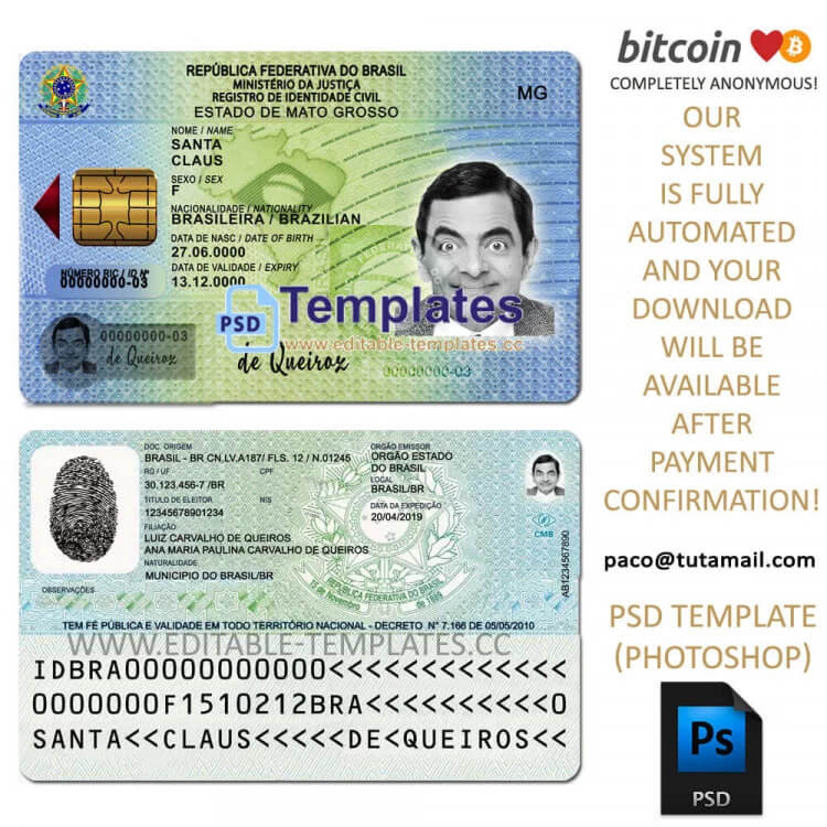 brasil id template,editable in photoshop.psd fake template,pay by bitcoin,paypal or card