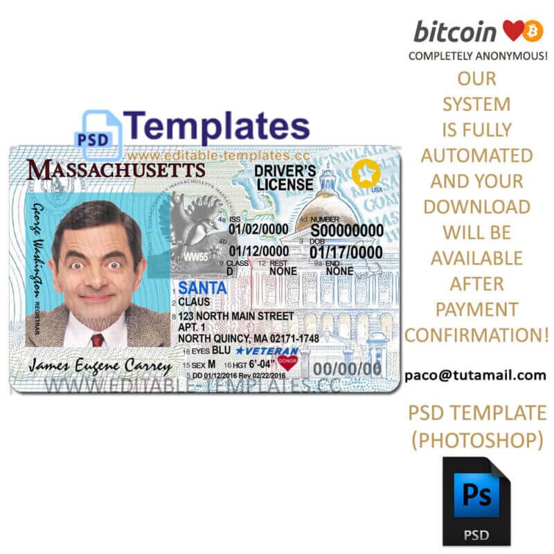 massachusetts driver license template, editable in  photoshop. psd fake template, pay by bitcoin, paypal or card