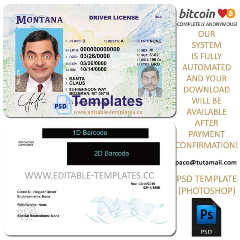montana driver license template, editable in  photoshop. psd fake template, pay by bitcoin, paypal or card