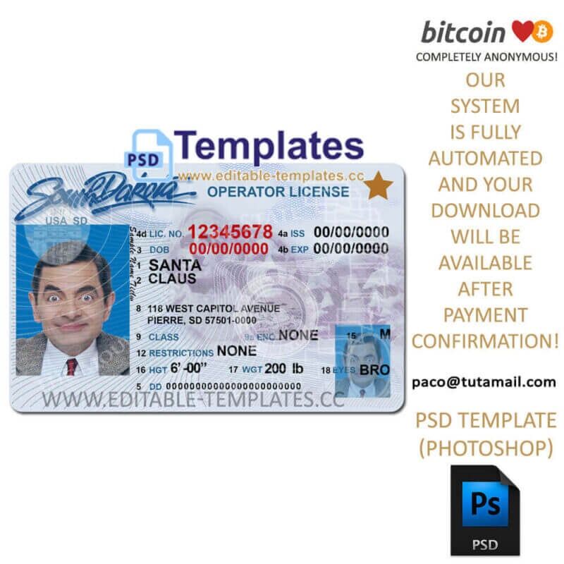 south dakota driver license template, editable in  photoshop. psd fake template, pay by bitcoin, paypal or card