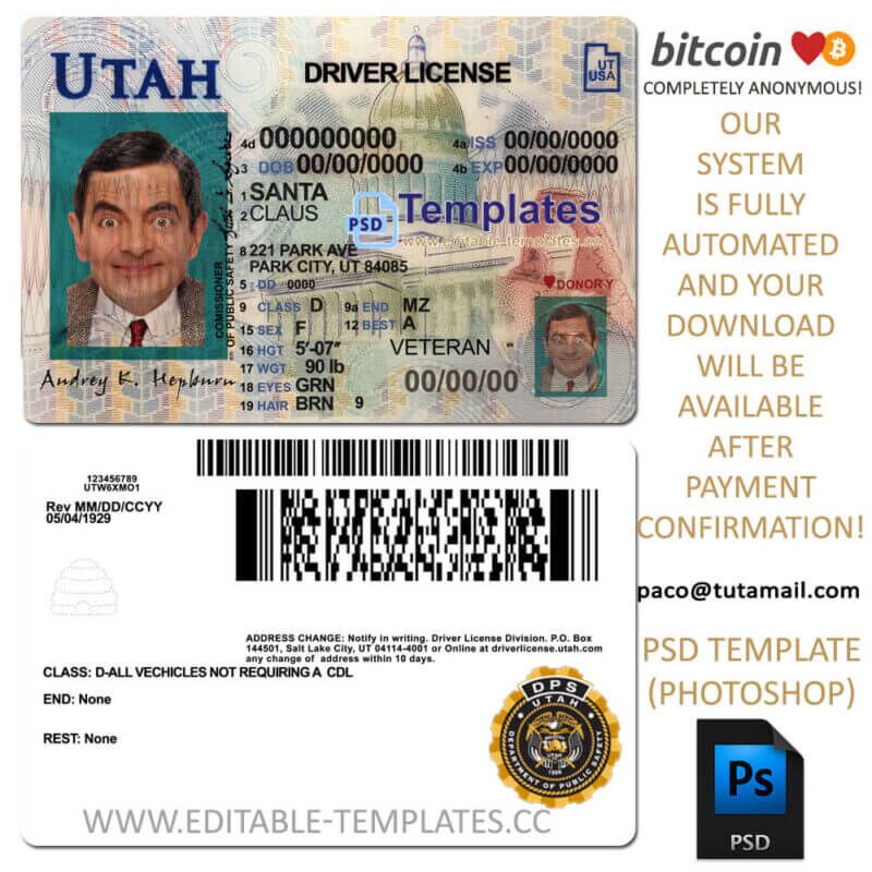 utah driver license template, editable in  photoshop. psd fake template, pay by bitcoin, paypal or card
