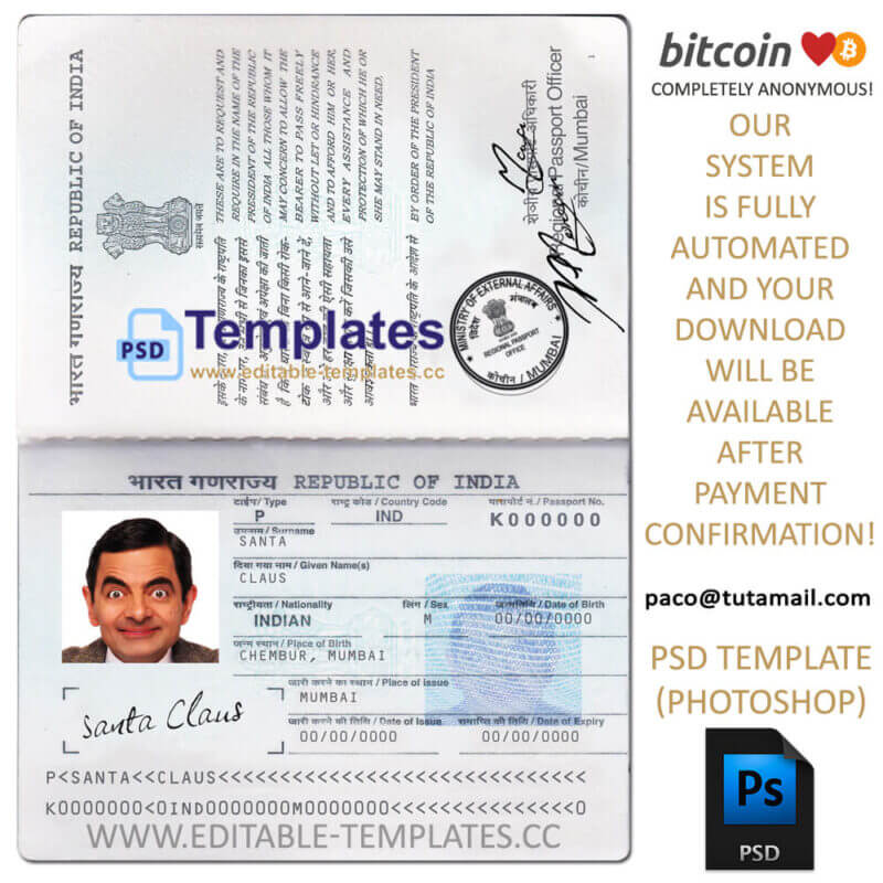 india passport template, editable in  photoshop. psd fake template, pay by bitcoin, paypal or card
