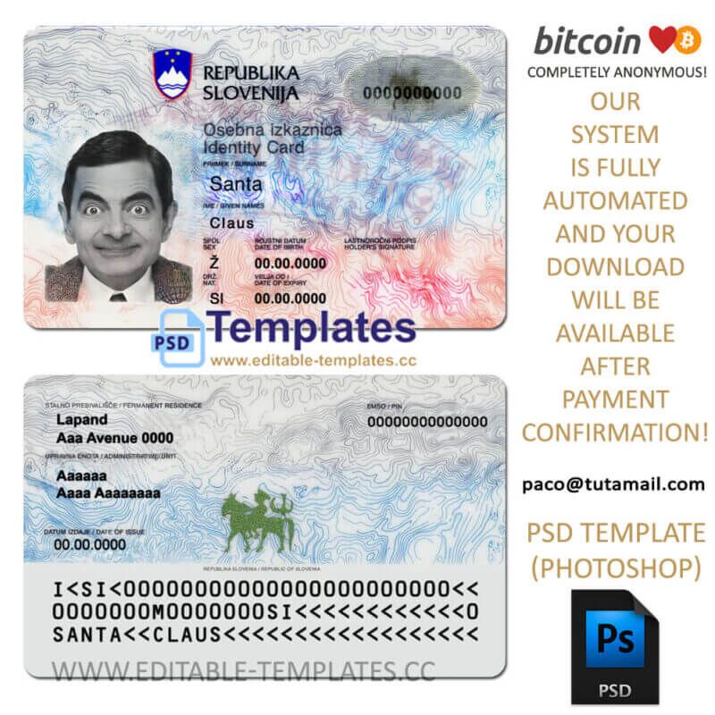slovenia id template, editable in  photoshop. psd fake template, pay by bitcoin, paypal or card