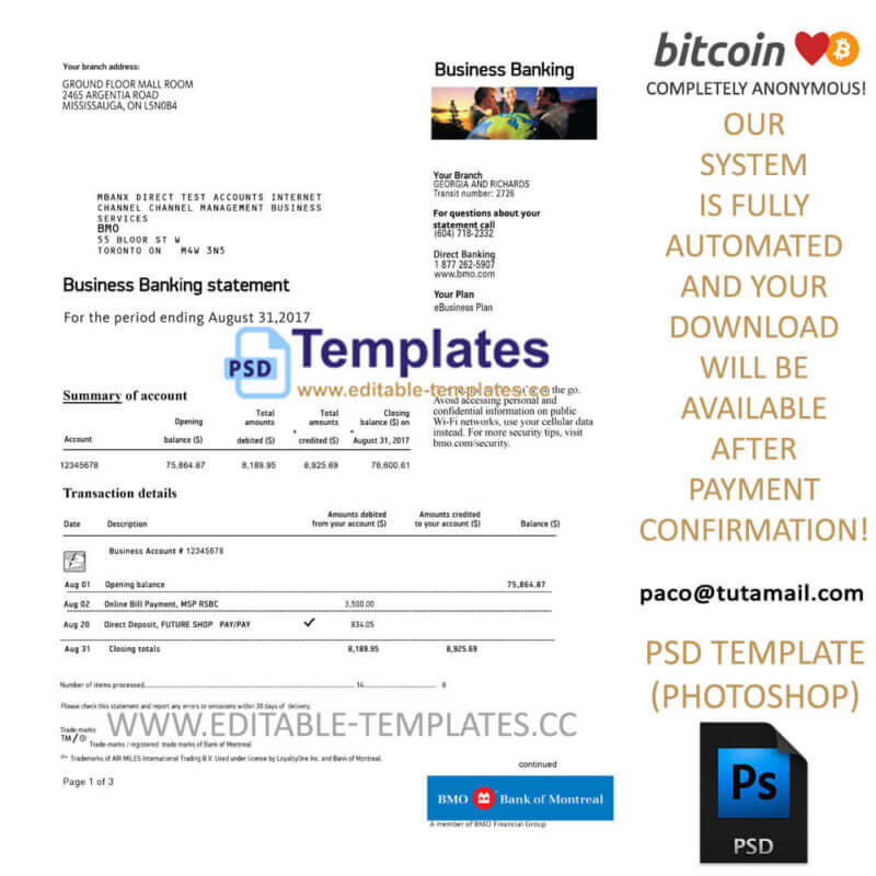 bmo bank of montreal canada statement template,editable in photoshop.psd fake template,pay by bitcoin,paypal or card