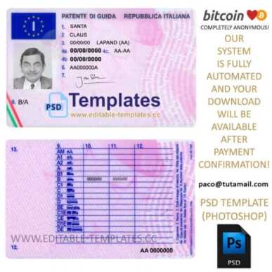 italy driver licence template, editable in  photoshop. psd fake template, pay by bitcoin, paypal or card