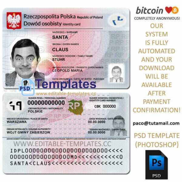 poland id template, editable in  photoshop. psd fake template, pay by bitcoin, paypal or card