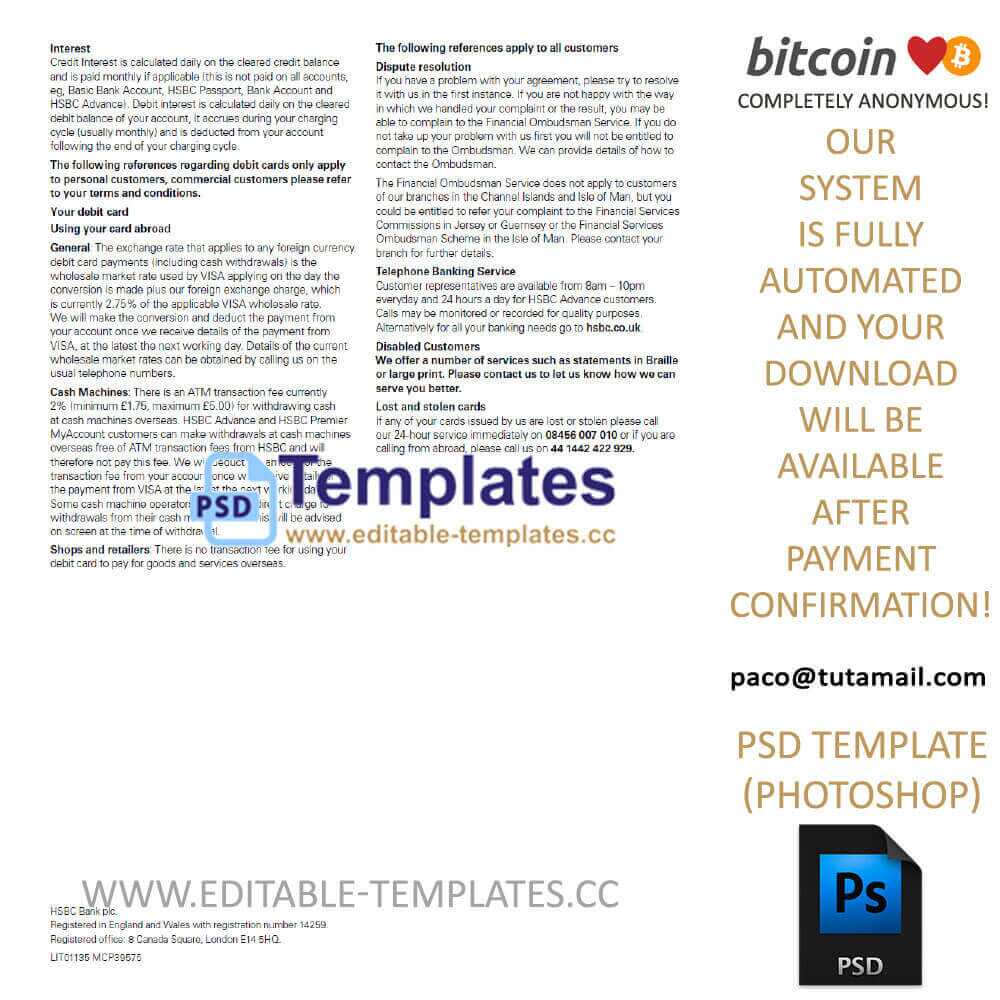 hsbc statement template, editable in  photoshop. psd fake template, pay by bitcoin, paypal or card