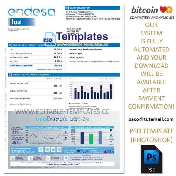 endesa luz electricity bill template, editable in photoshop. psd fake template, pay by bitcoin, paypal or card endesa luz electricity bill template, editable in photoshop. psd fake template, pay by bitcoin, paypal or card