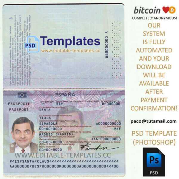 spain passport template fake id bill address proof bitcoin 1 spain passport template, editable in  photoshop. psd fake template, pay by bitcoin, paypal or card