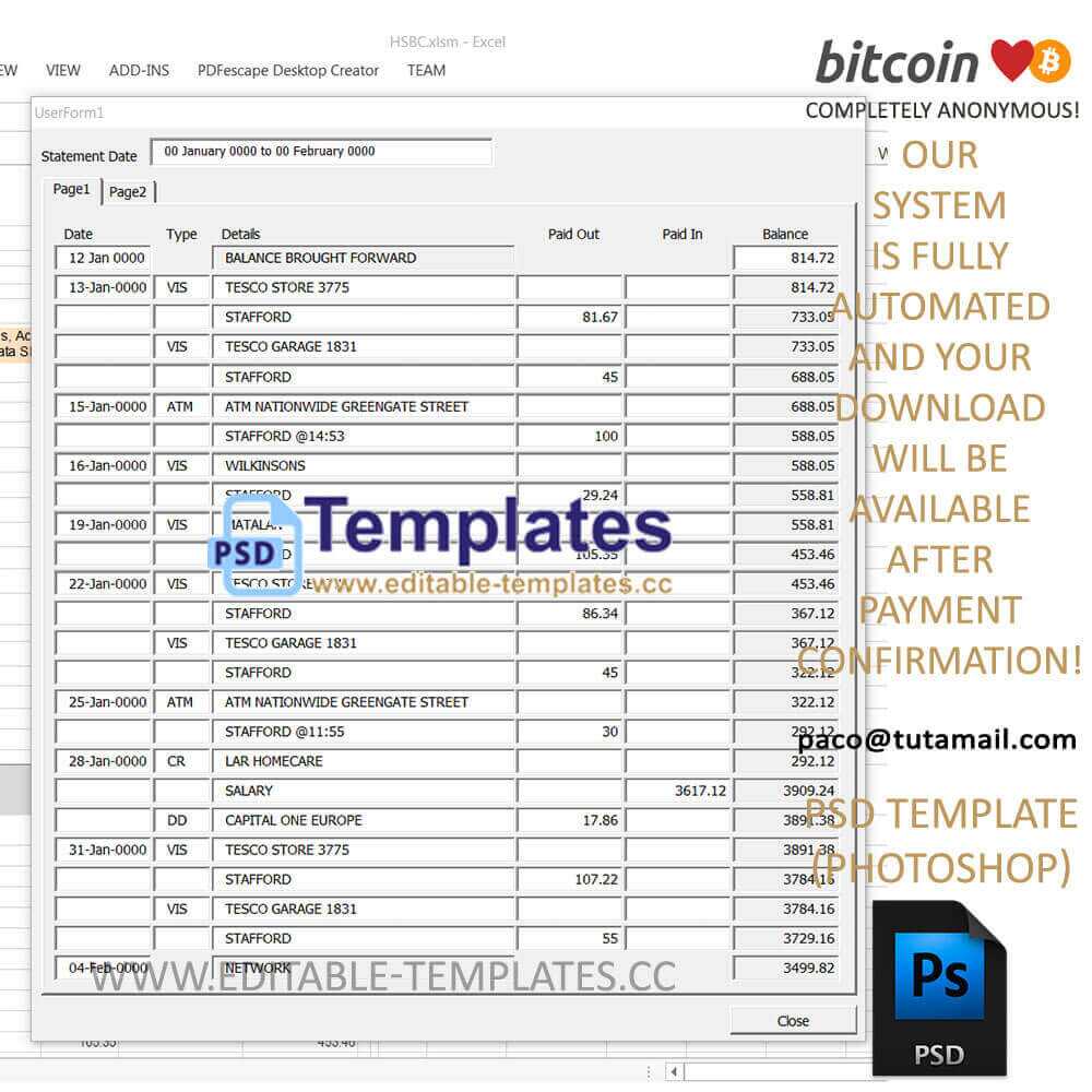hsbc statement template, editable in  photoshop. psd fake template, pay by bitcoin, paypal or card