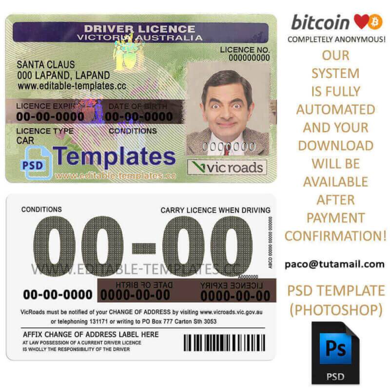 australia driver licence template, editable in  photoshop. psd fake template, pay by bitcoin, paypal or card