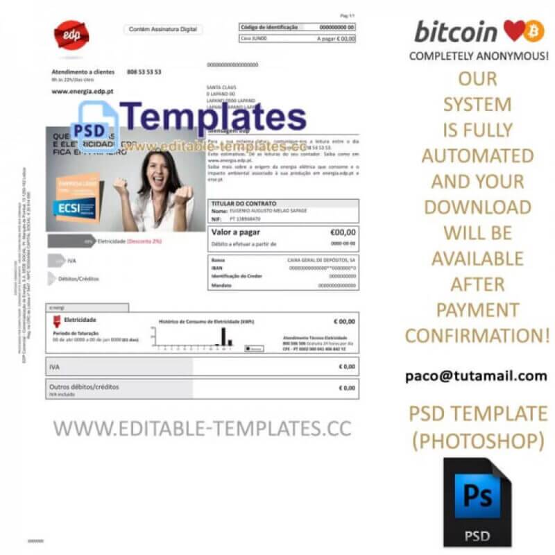 portugal edp template, editable in photoshop. psd fake template, pay by bitcoin, paypal or card