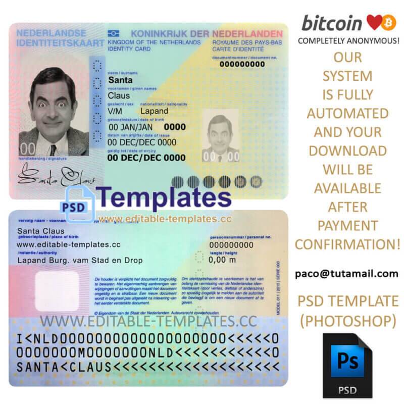 netherland, holland id template, editable in  photoshop. psd fake template, pay by bitcoin, paypal or card