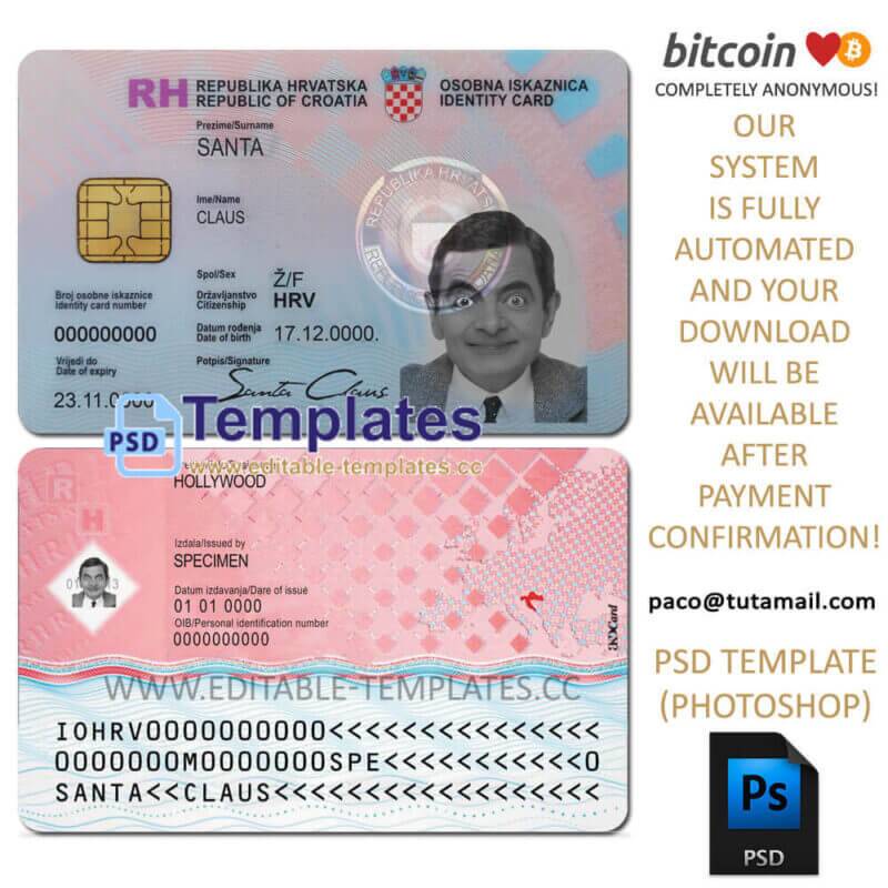 croatia id template,editable in photoshop.psd fake template,pay by bitcoin,paypal or card