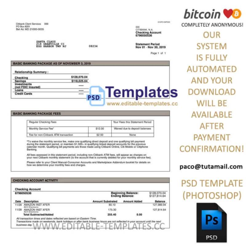 city bank statement template,editable in photoshop.psd fake template,pay by bitcoin,paypal or card