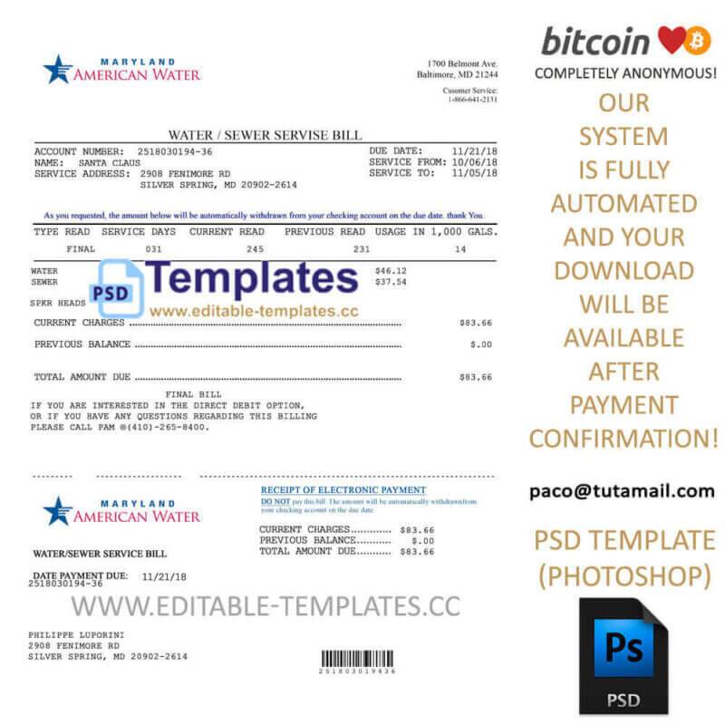 maryland, water bill template, editable in  photoshop. psd fake template, pay by bitcoin, paypal or card