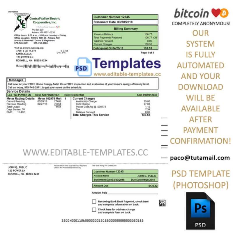 new mexico, central-valley, electric bill template, editable in  photoshop. psd fake template, pay by bitcoin, paypal or card