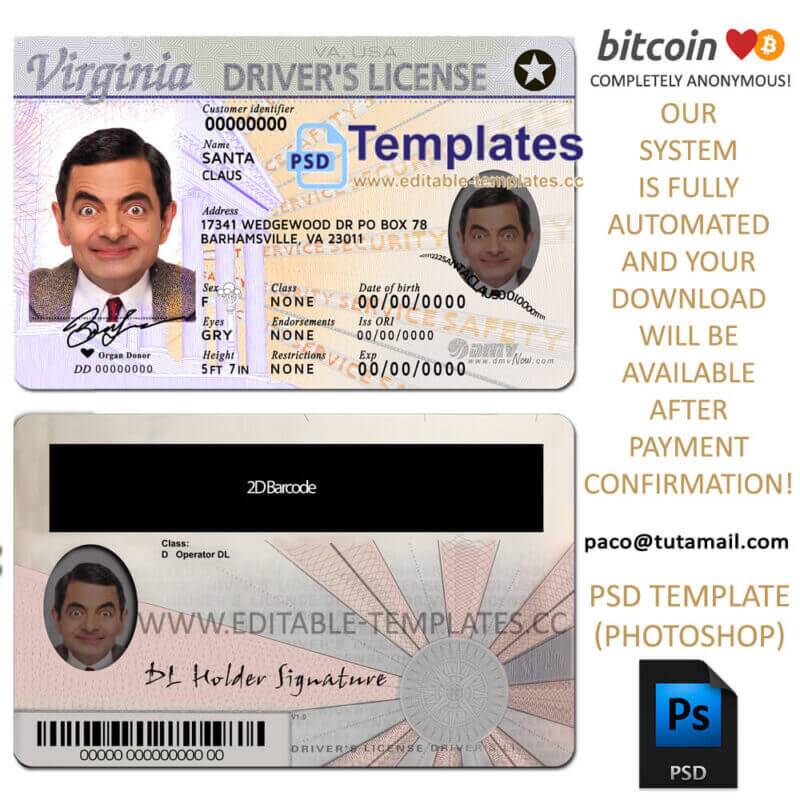 virginia driver license template, editable in  photoshop. psd fake template, pay by bitcoin, paypal or card