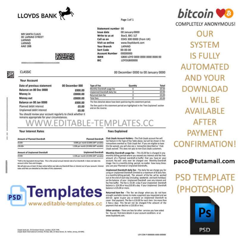 lloyds statement template, editable in  photoshop. psd fake template, pay by bitcoin, paypal or card