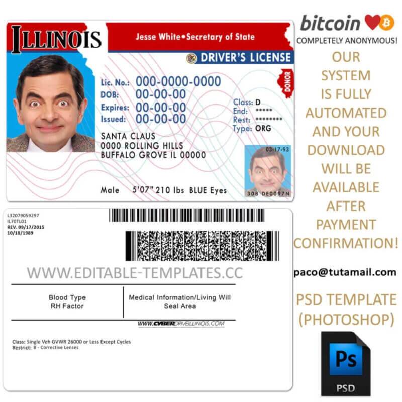 illinois driver license template, editable in  photoshop. psd fake template, pay by bitcoin, paypal or card