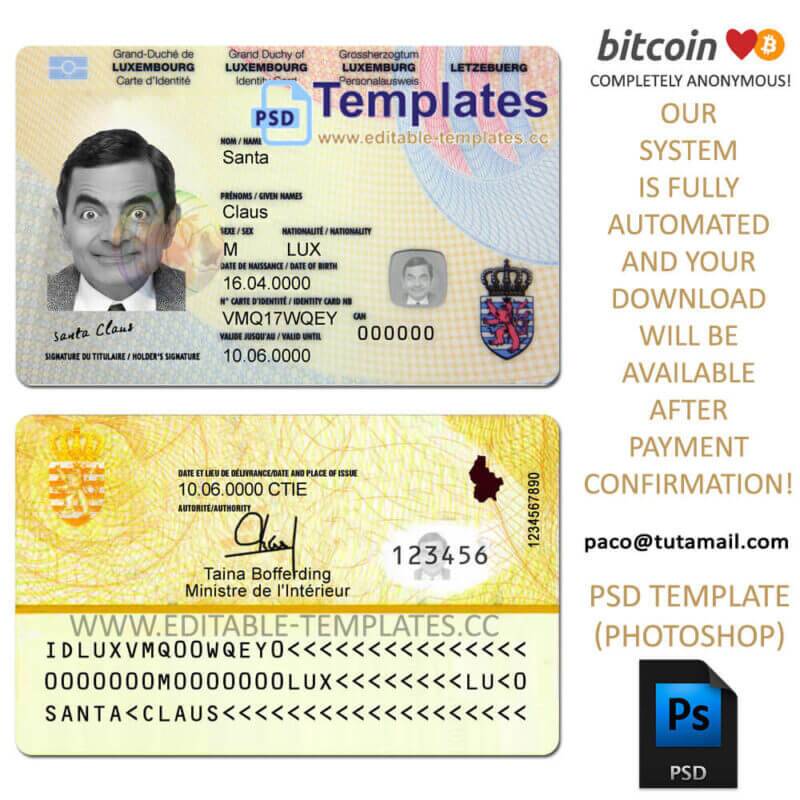 luxembourg id template, editable in  photoshop. psd fake template, pay by bitcoin, paypal or card