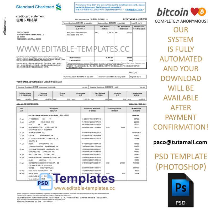 standard chartered hong kong statement template, editable in  photoshop. psd fake template, pay by bitcoin, paypal or card