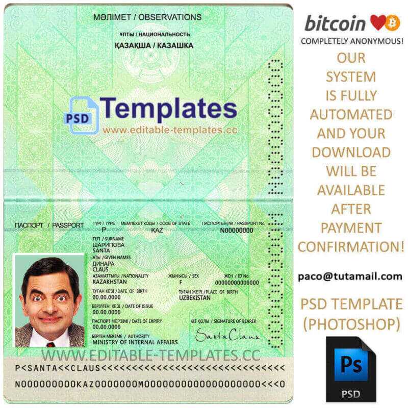kazahstan passport template, editable in  photoshop. psd fake template, pay by bitcoin, paypal or card