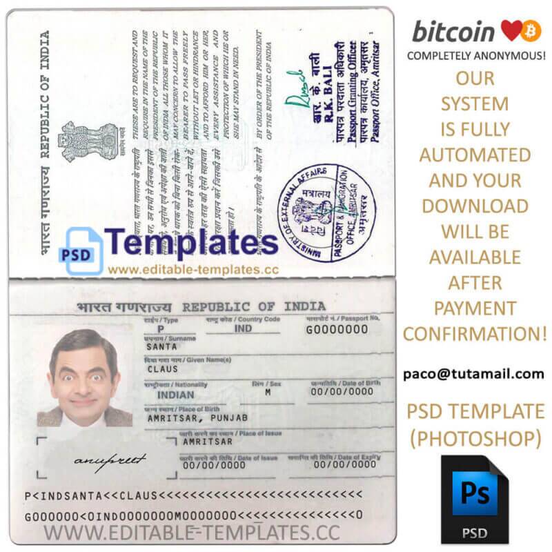 india passport template, editable in  photoshop. psd fake template, pay by bitcoin, paypal or card