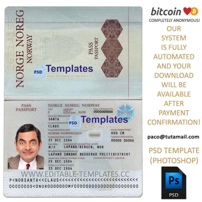 norway passport template, editable in  photoshop. psd fake template, pay by bitcoin, paypal or card