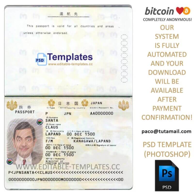 japan passport template, editable in  photoshop. psd fake template, pay by bitcoin, paypal or card