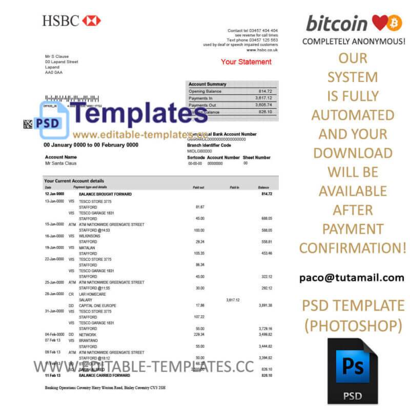 hsbc statement template, editable in  photoshop. psd fake template, pay by bitcoin, paypal or card