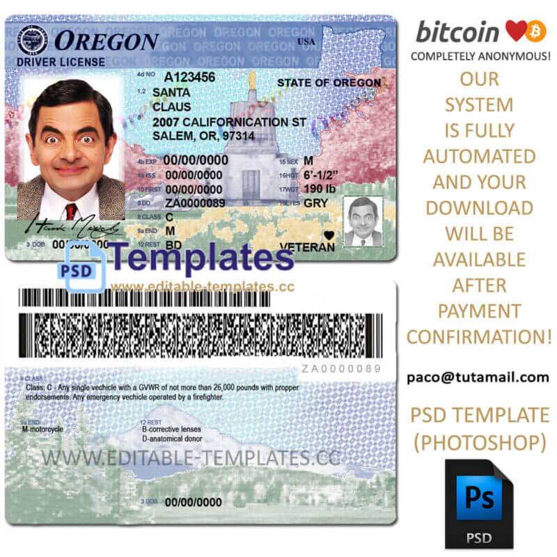 oregon driver license template, editable in  photoshop. psd fake template, pay by bitcoin, paypal or card