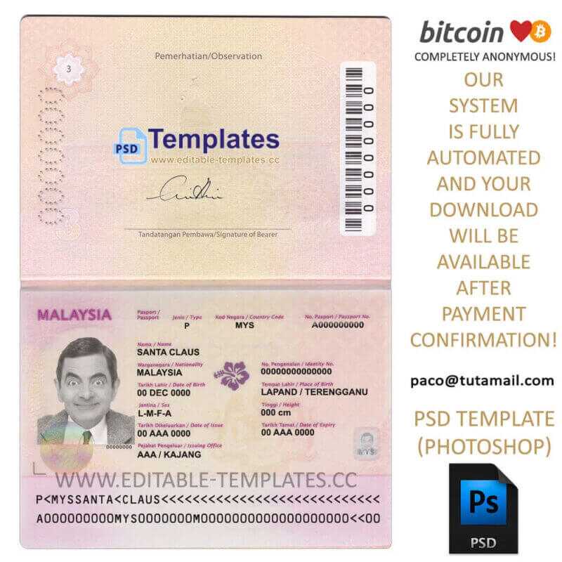 malaysia passport template, editable in  photoshop. psd fake template, pay by bitcoin, paypal or card