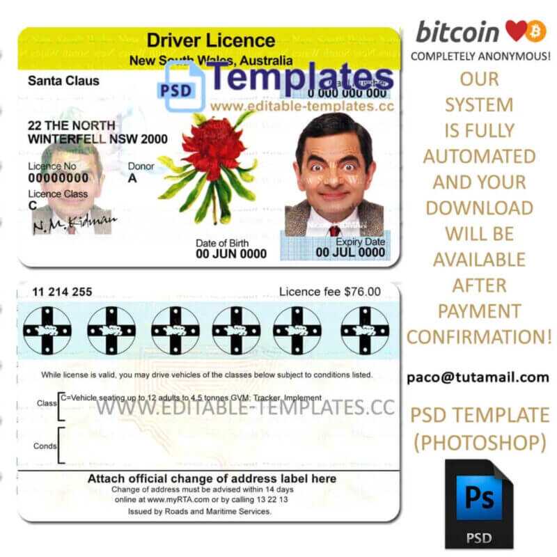 australia, new south wales driving license template, editable in  photoshop. psd fake template, pay by bitcoin, paypal or card