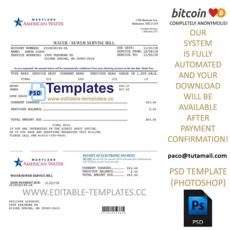 maryland, water bill template, editable in  photoshop. psd fake template, pay by bitcoin, paypal or card